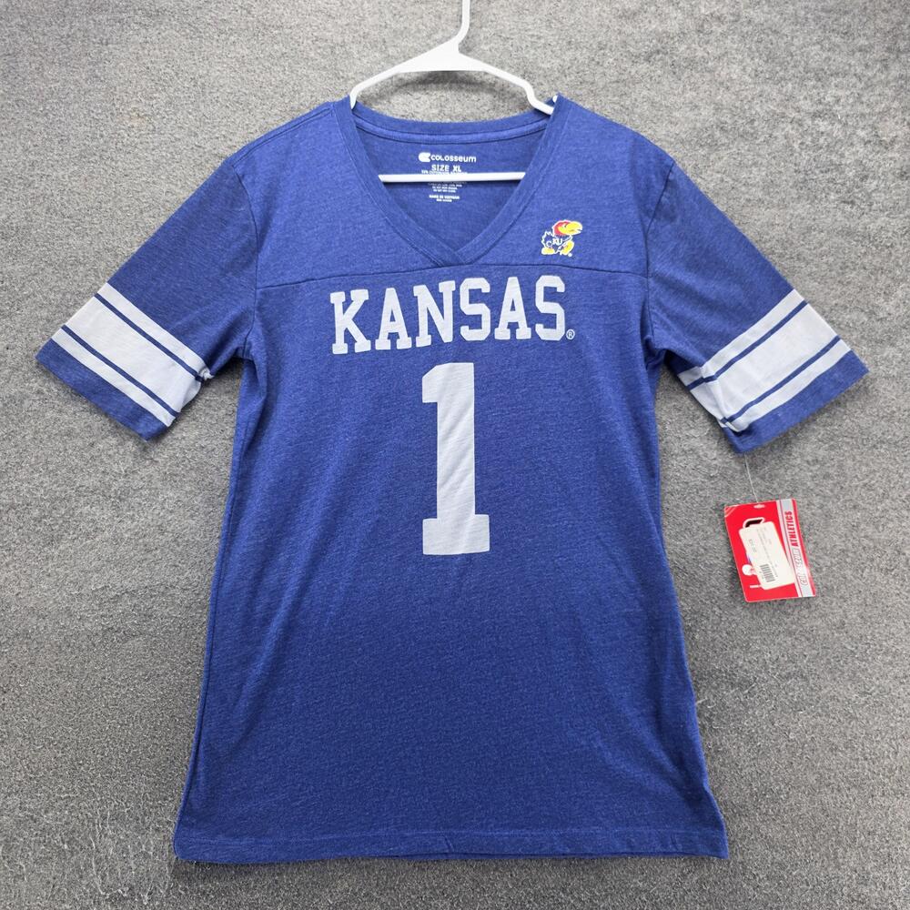 Colosseum T-Shirt Womens XL Blue Kansas V-Neck Jersey Embroidered Casual